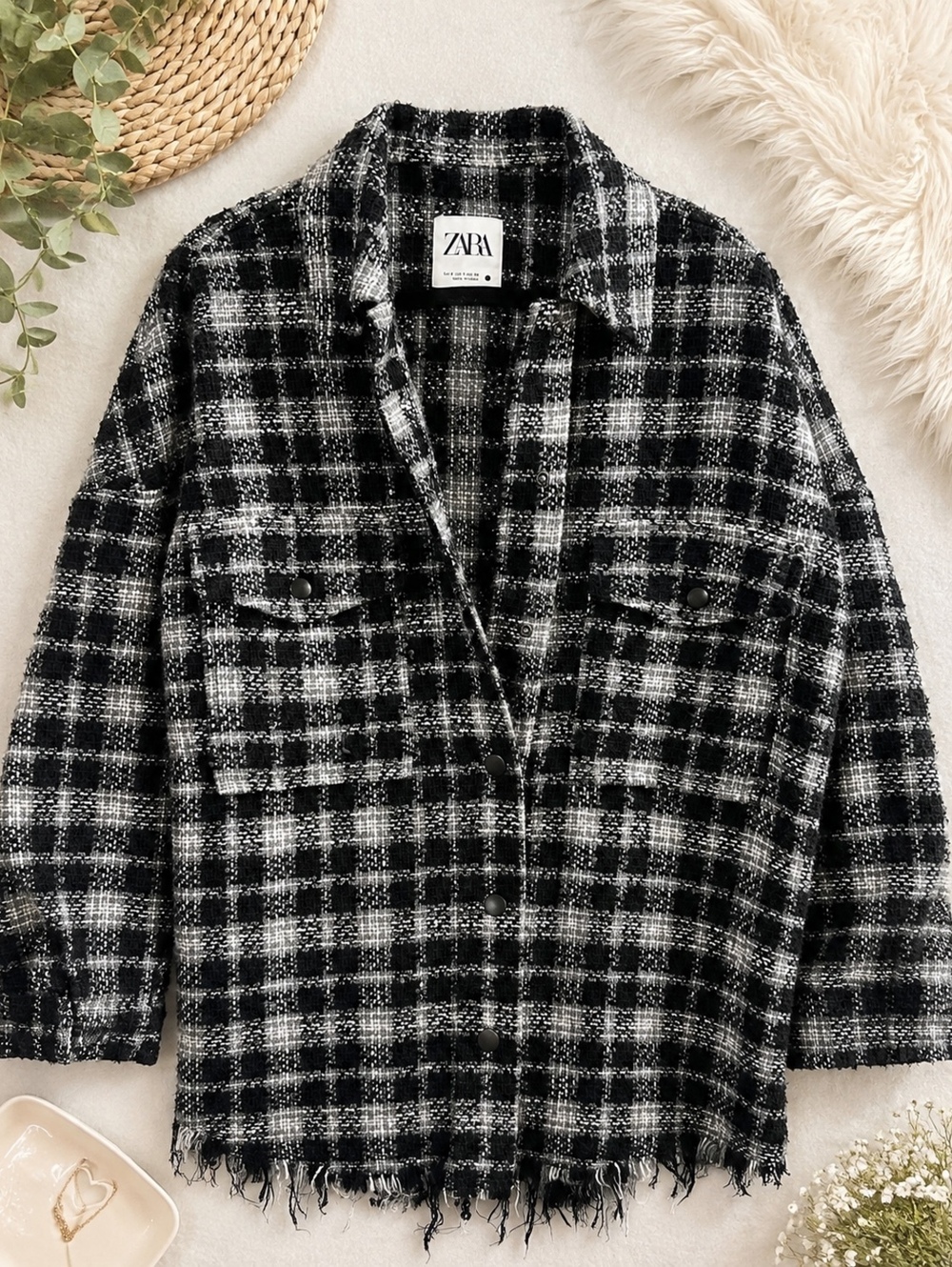 ZARA Black White Plaid Oversized Jacket Small Button Closure